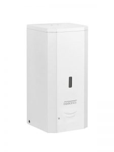 Un dispenser automatico a batterie di sapone liquido bianco, rettangolare, da parete, con una piccola finestra di visualizzazione e il logo Mediclinics sulla parte anteriore.
