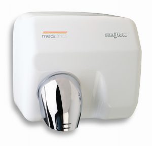 L'Asciugamani elettrico Saniflow è un asciugamani automatico bianco con ugello cromato e i marchi mediclinics e saniflow sulla parte anteriore.