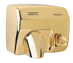 Asciugamani elettrico Saniflow color oro lucido con scritte Mediclinics e Sanjijow sulla parte anteriore, caratterizzato da un design curvo, un pulsante rotondo sul lato destro e che si abbina perfettamente a qualsiasi moderno dispenser di sapone.
