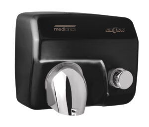 L'Asciugamani elettrico Saniflow, un asciugamani elettrico da parete nero con ugello argentato lucido e pulsante rotondo, è marchiato Saniflow ed è perfetto da abbinare al dispenser di sapone o al dispenser di carta mani nei bagni moderni.