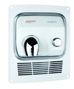 L'Asciugamani elettrico Saniflow è un asciugamani elettrico da parete bianco con ugello cromato, pulsante rotondo, griglie di ventilazione inferiori e i marchi Medclinic e Saniflow sulla parte anteriore.