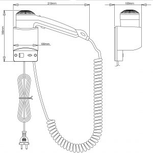 Disegno lineare del Piccolo phon a pistola per hotel con attacco dall’alto, un asciugacapelli da parete alto 185 mm, largo 210 mm e profondo 100 mm, dotato di cavo a spirale con spina e interruttore sulla base di montaggio.