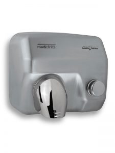 L'Asciugamani elettrico Saniflow è un asciugamani elettrico da parete in acciaio inox, dotato di ugello cromato e pulsante rotondo sulla destra, con i loghi Mediclinics e Saniflow sulla parte anteriore.