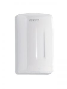 Smartflow è un dispenser di sapone o disinfettante bianco, da montare a parete, dal design liscio e rettangolare, con il marchio visualizzato nella parte superiore.
