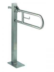 A Barra per disabili ribaltabile verticale in acciaio inox con supporto verticale e base rettangolare, ideale per il controllo accessi in aree dotate di asciugamani elettrici o dispenser di sapone.