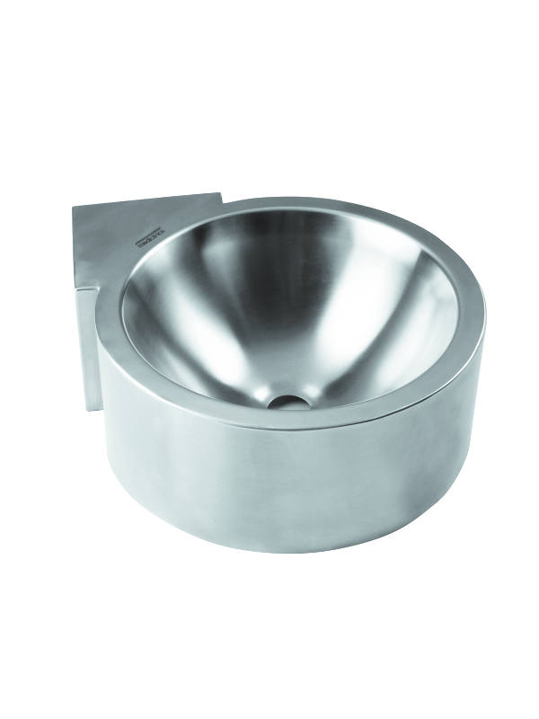 Un moderno lavello rotondo in acciaio inox da parete con finitura liscia e lucida, paraschizzi rettangolare incorporato e spazio per un dispenser di sapone o asciugamani.