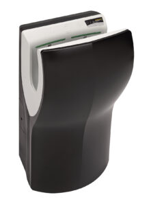 Il modello Dualflow Plus Ionizzatore è un moderno asciugamani ad aria bianco e nero dotato di una fessura per inserire le mani, progettato per l'uso nei bagni pubblici.