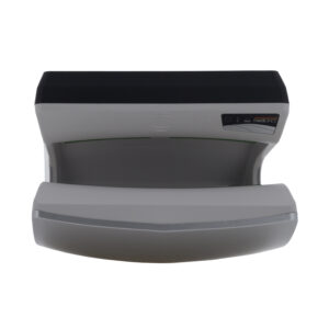 Visto dall'alto, lo ionizzatore Dualflow Plus grigio e nero è dotato di un alimentatore per la carta nella parte inferiore e di pulsanti di controllo in alto a destra; il suo stile compatto ricorda un moderno dispenser di sapone da ufficio.