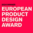 Un quadrato rosa brillante con la scritta bianca in grassetto "European Product Design Award" e un testo nero più piccolo sopra con la scritta "Vincitore 2024" per Asciugamani Elettrici U-Flow.