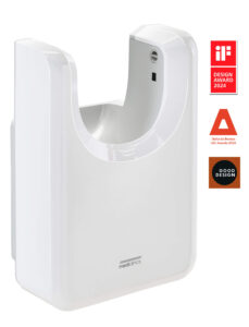 Asciugamani Elettrici U-Flow, bianco, da parete, ha un'apertura a U e un sensore. Sulla destra sono presenti i tre loghi dei premi di design 2024, con il marchio Mediclinics in basso.