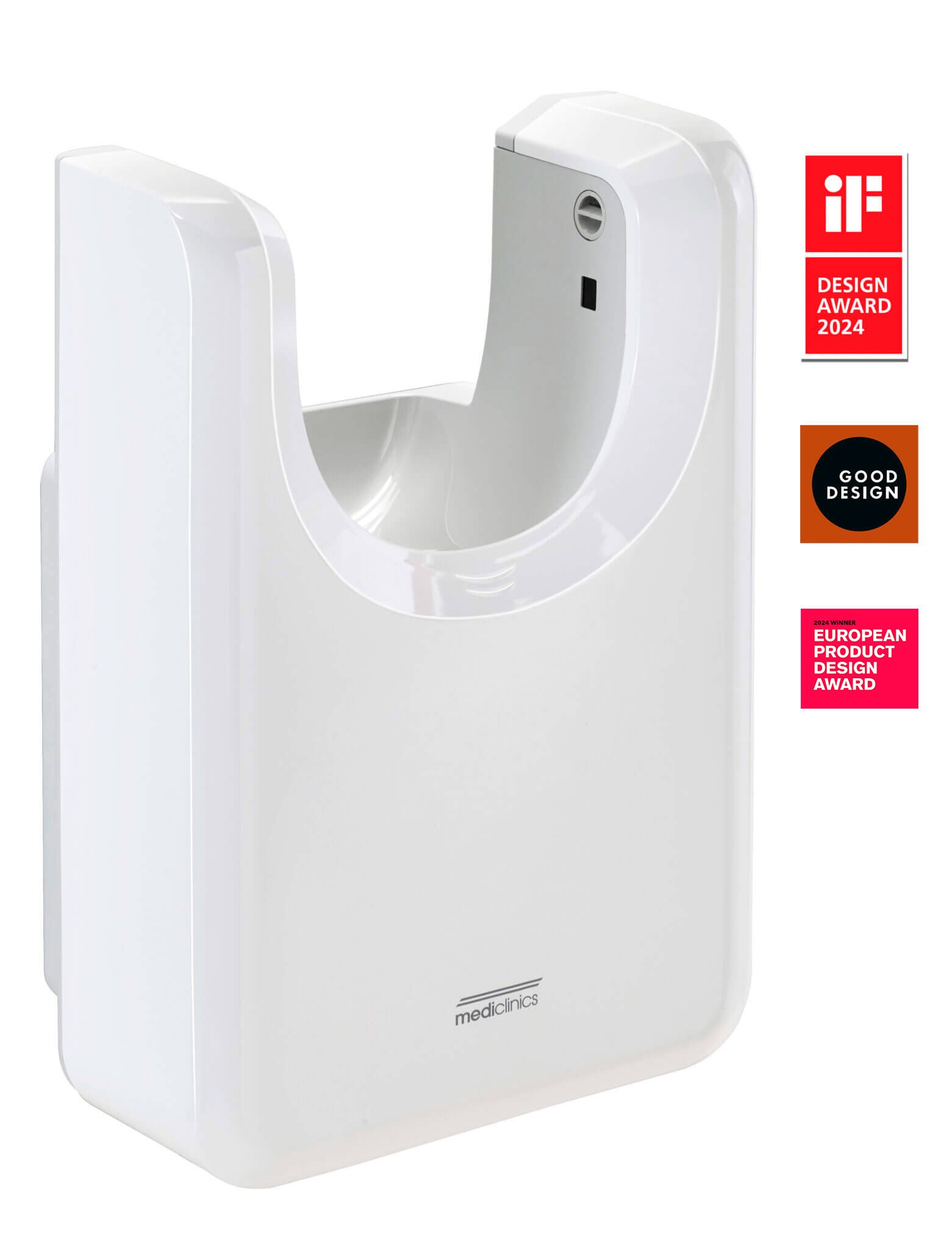 Asciugamani Elettrici U-Flow, un asciugamano automatico bianco da utilizzare a parete, ha ricevuto tre riconoscimenti per il design: iF Design Award 2024, Good Design e European Product Design Award.