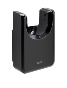 Asciugamani Elettrici U-Flow è un elegante asciugamani elettrico da parete nero, dotato di un'apertura curva per le mani, un design minimalista e il logo Mediclinics nella parte inferiore.