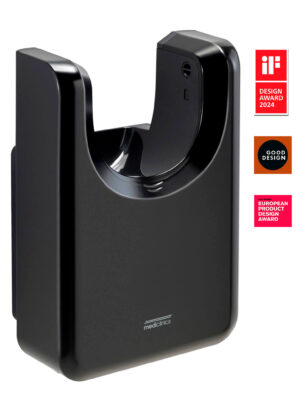 Asciugamani Elettrici U-Flow è un elegante asciugamani automatico nero con il logo Mediclinics, orgogliosamente esposto con tre premi di design: iF Design Award 2024, Good Design e European Product Design Award.