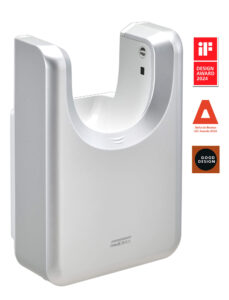 Asciugamani Elettrici U-Flow è un moderno asciugamani a parete con un'elegante finitura argento. Alla sua destra sono esposti i loghi iF Design Award 2024, ADI Delta de Bronce 2024 e Good Design.