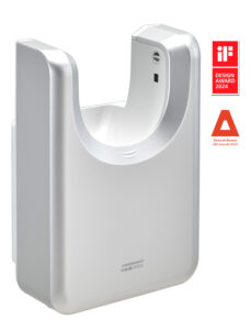 Gli Asciugamani Elettrici U-Flow in argento sono presentati con dispenser di sapone e dispenser carta mani abbinati, per celebrare le vittorie dell'iF Design Award 2024, del Delta de Bronce ADI Awards 2024 e del Good Design.