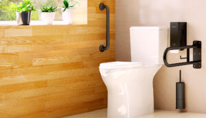 Un bagno moderno con un water bianco, maniglioni neri per l'accessibilità, uno scopino per il water, un dispenser di sapone e piante in vaso su un davanzale in legno, il tutto immerso nella luce naturale proveniente dalla finestra.