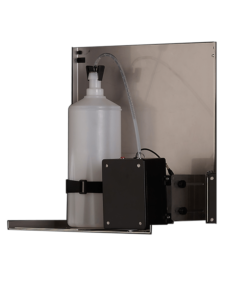 Il Dosatore automatico di sapone liquido con supporto da installare dietro lo specchio (DJ024BTM) è un dispenser con bottiglia grande, tubo superiore e box nero laterale per distribuire o gestire liquidi come il sapone.