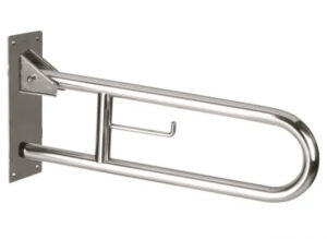 Maniglione di sostegno a parete in acciaio inox con supporto orizzontale e estremità arrotondata, progettato per garantire accessibilità e sicurezza nei bagni. Dispone inoltre di un piccolo gancio per asciugamani o dispenser di sapone.