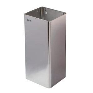Un dispenser Carta Mani alto e rettangolare in acciaio inox con bordi arrotondati e superficie lucida e riflettente. Il contenitore aperto presenta due fori di montaggio vicino al bordo superiore.